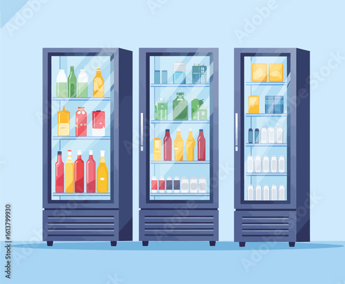 Three Tall Blue Refrigerators with Glass Doors, Transparent Background, 3D Realism Design Element