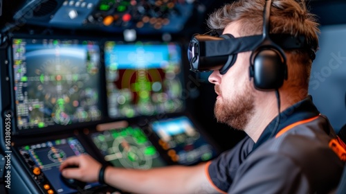 Immersive view of a drone pilot trainee in a hightech control room wearing augmented reality goggles, surrounded by vibrant screens and complex controls with a focus on concentration and advanced tec
