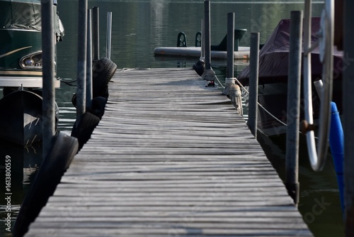 Εκτύπωση καμβά old wooden boat dock gangway on lake