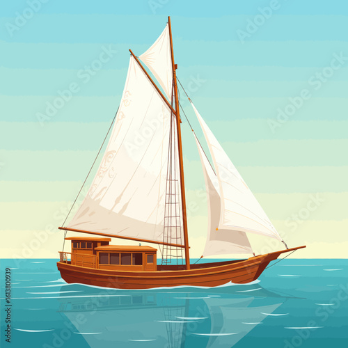 Wooden Sailboat with White Sails on Transparent Background, Watercolor Illustration for Branding