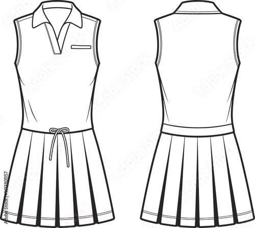 PrintSleeveless women’s dress fashion sketch with pleated skirt, collar, belt, pocket details, front and back view apparel design template