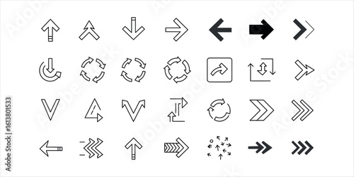 Collection of diverse arrow icons and symbols in black and white line art direction movement