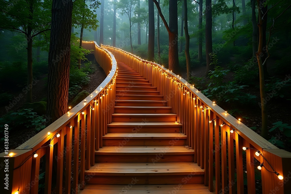 Obraz premium Wooden staircase with string lights in a misty forest