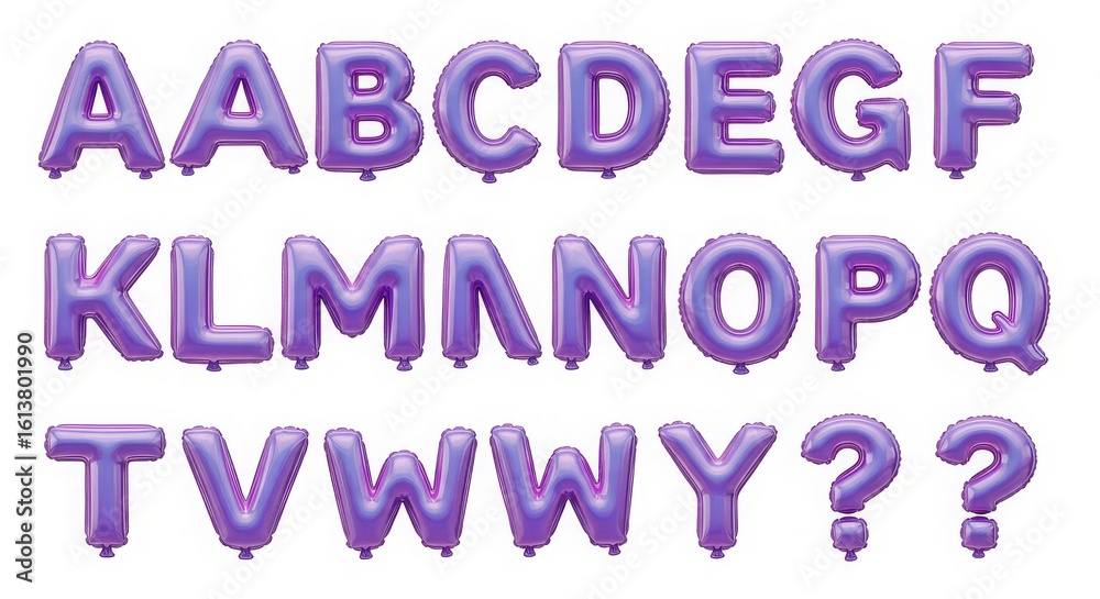 A vibrant collection of purple alphabet letter balloons including question marks arranged in rows against a clean white background perfect for celebrations A vibrant collection of purple alphabet letter balloons including question marks arranged in rows against a clean white background perfect for celebrations