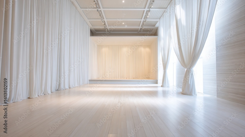 Fototapeta premium minimalistic bright stage scene, empty modern theater, clean architectural lines, soft white lighting, wide angle view, elegant curtains slightly opened