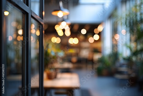 Interior view of a dimly lit, modern restaurant