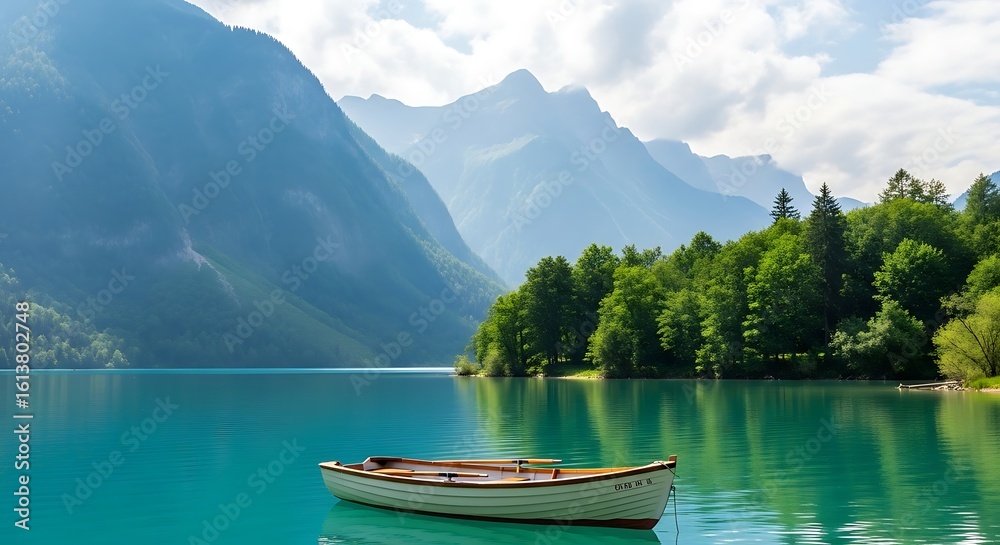 Obraz premium Serene wooden rowboat floats on a turquoise mountain lake surrounded by lush green forest