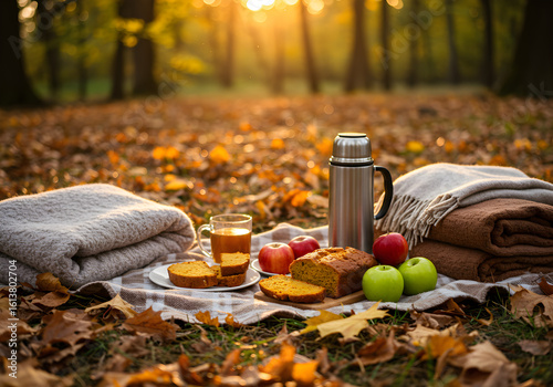 Cozy autumn picnic in a colorful forest with warm drinks and fresh fruit on fallen leaves