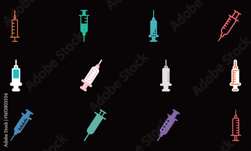 Diverse Syringe and Injection Icons on Black Background for Medical Treatment and Vaccine Concepts