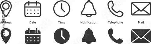 Contact us signs. Location and contact icons. Calendar and time. Simple symbols. Vector illustration