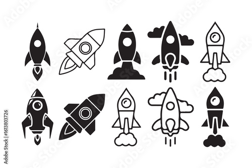 rocket vector set.  Launch spaceship or spacecraft. Exciting rocket, Black rocket icon. Victor illustration eps 10
