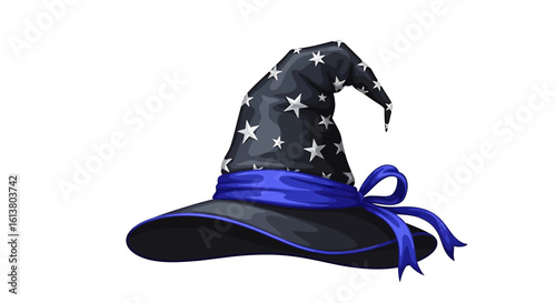 Magical witch hat with silver star patterns and blue ribbon in elegant vector style