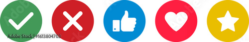 Thumbs up. Yes and No signs. Check mark and cross mark symbols. Signs in green and red colored. Confirmation mark. Heart shape and star rating
