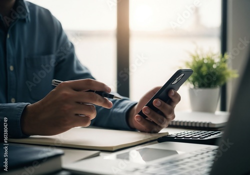 A photorealistic, cinematic shot of a professional in a blue shirt, seated at a modern desk. The primary focus is on his hands holding a smartphone and a pen, captured in a moment of multitasking over