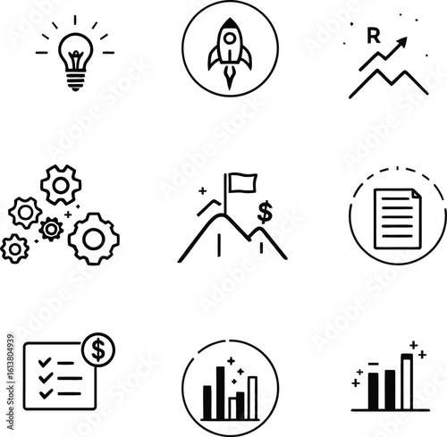 Business and finance vector icon set: web, internet, media, computer, and music sound equipment symbols