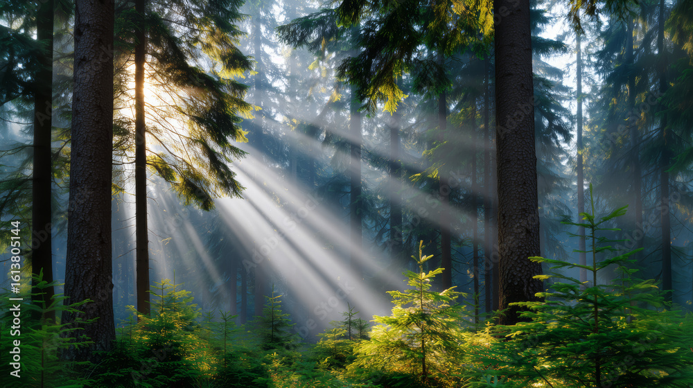 Fototapeta premium Sunbeams In A Misty Green Woods
