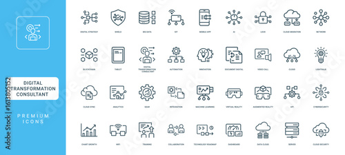 digital transformation consulting strategy technology concepts, analytics cloud gear lightbulb sync, minimal thin line web outline icons collection, simple vector illustration