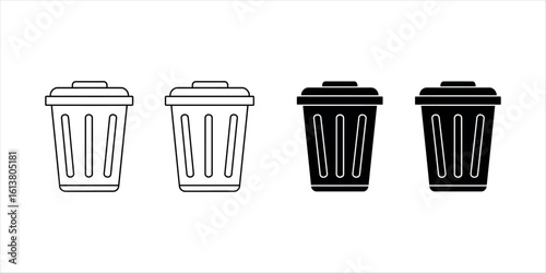 Two outline and two solid black trash can icons on white background garbage can waste bin
