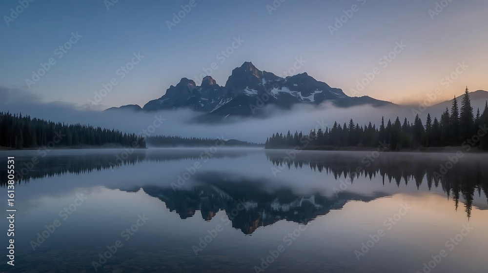 Fototapeta premium A scenic view of a mountain range reflected in a calm lake with trees and fog in the background light