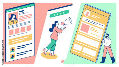 Illustration showing three people interacting with different web pages featuring profile information and content