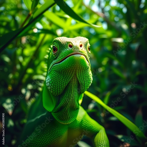 A close-up of a green iguana or lizard.