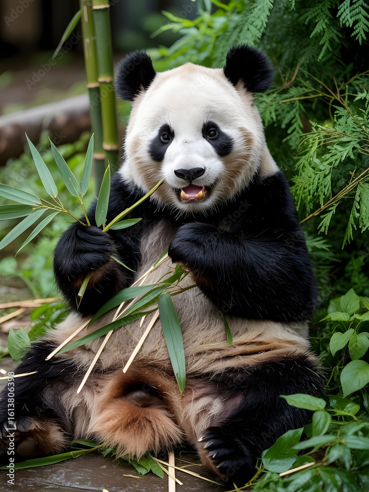Fototapeta premium Panda Eating Bamboo in Lush Forest
