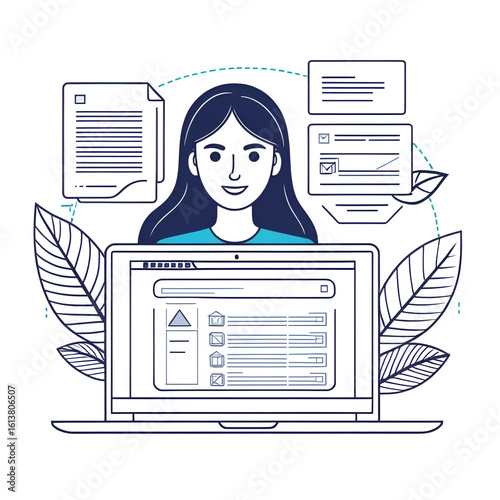 Vector illustration woman in laptop notebook offers fill in application form design element education, subscription email marketing newsletter online management line art