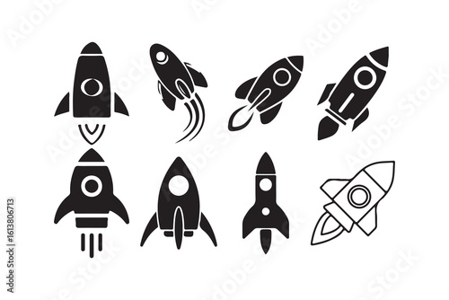 rocket vector set.  Launch spaceship or spacecraft. Exciting rocket, Black rocket icon. Victor illustration eps 10