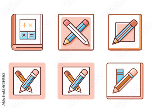 Set of icons depicting calculation Bundle book and crossed or individual pencils