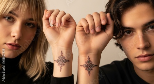 Beautiful Couple Showing Matching Tattoos on Their Wrists, Symbolizing Connection and Shared Identity, Captured in a Close-Up Shot