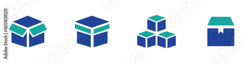 Carton box icon set. Minimal open box line art for packaging, shipping, and unboxing concepts.