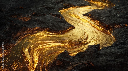 Golden river flows through dark rock