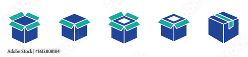 Shipping and packaging box icons. Open carton and delivery package outline vector set.