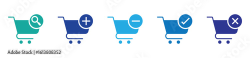 Shopping cart icon set. Vector illustration with add (+) and remove (–) cart symbols for online store usage.