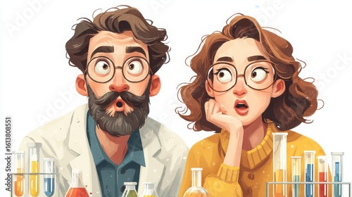 Excited man and woman in glasses conducting science experiments with test tubes and flasks filled with colorful liquids