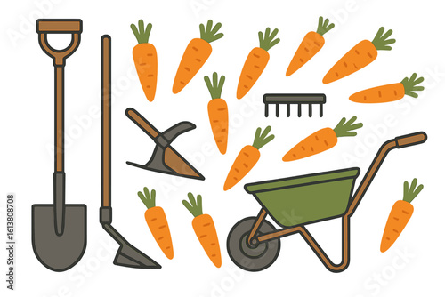 Vector illustration of a set of gardening and composting tools including a compost box, shovel, wheelbarrow, bucket, watering can, and boots, isolated on a white background