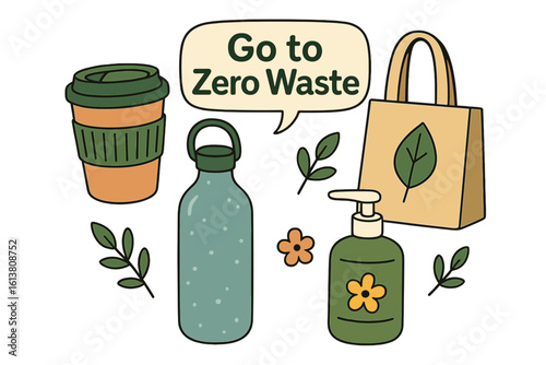 Vector illustration of a zero waste concept, featuring a set of various eco objects and a stylish typography slogan design with the sign Go to zero waste