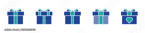 Blue gift and present box icons set. Outline and silhouette style surprise or Christmas gift symbols for graphic resources.