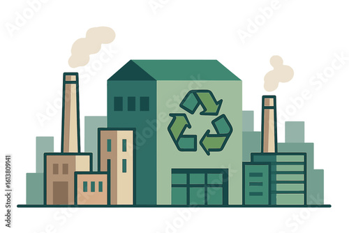 Zero waste concept illustrated through flat vector graphics of a waste recycling plant with storage, pipes, and buildings, where glass waste is recycled into new products