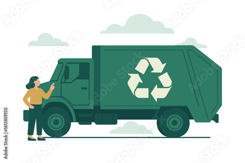 Vector illustration of zero waste separation concept featuring containers, a car with waste for recycling, garbage truck, trash bin, and sanitation workers sorting trash for waste management