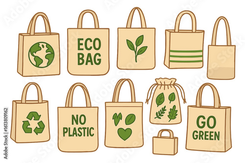 Eco-friendly grocery bags made of reusable paper, featuring hand-drawn doodles in black lines, promote a plastic bag free environment to combat global warming and support a green art concept in