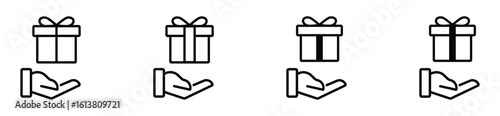 Set of gift box icons including hands holding present, surprise box, and wrapped Christmas gift. Flat vector design on white background.