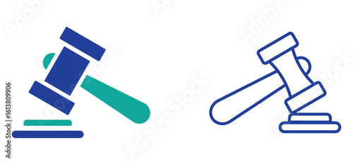 Minimalist vector icon set featuring gavels and auction hammers. Perfect for legal firm branding, law education, and business graphics.