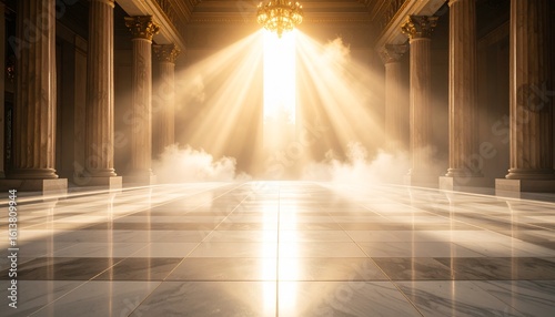 Majestic classical hall with grand pillars and a polished marble floor, illuminated by ethereal, heavenly light rays shining from above.