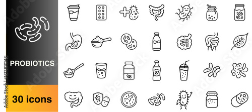 Probiotic and gut health icons in linear style