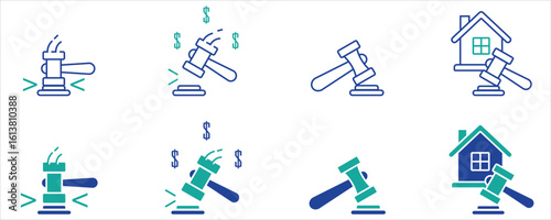 Property auction hammer, real estate bid icon vector illustration, home sale and money concept