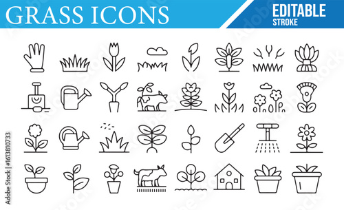 A collection of editable stroke icons representing grass, gardening, and plant themes, including flowers, watering cans, plants, gardening tools, cows, and houses, perfect for nature, farming, and gar
