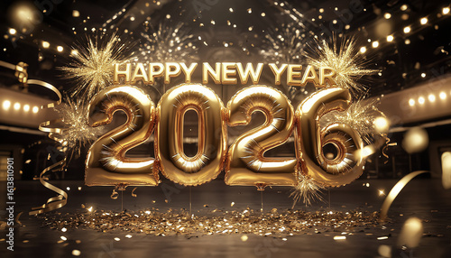 Gold Happy New Year 2026 message with decoration party. symbolizes the start of the new year