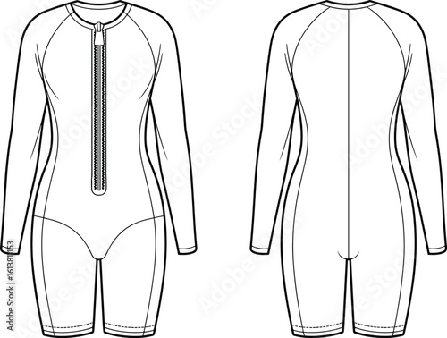 PrintWomen’s long-sleeve wetsuit front and back design, zipper closure illustration, high-performance swimwear for diving, surfing, water sports