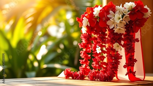 Vibrant red-and-white floral garland on wooden surface, capturing Indonesia's festive Independence Day spirit.